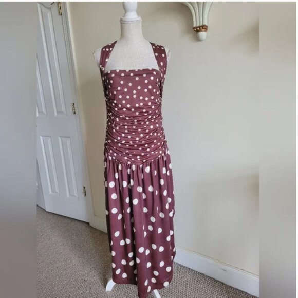 Free People Raylon In Chocolate Combo Polka Dot Midi Dress size L - Picture 3 of 9
